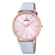 Festina Watches Boyfriend Collection علبة من الفولاذ المقاوم للصدأ من الذهب الوردي وحزام من الجلد الأرجواني مع ساعة من الذهب الوردي. F20373-1