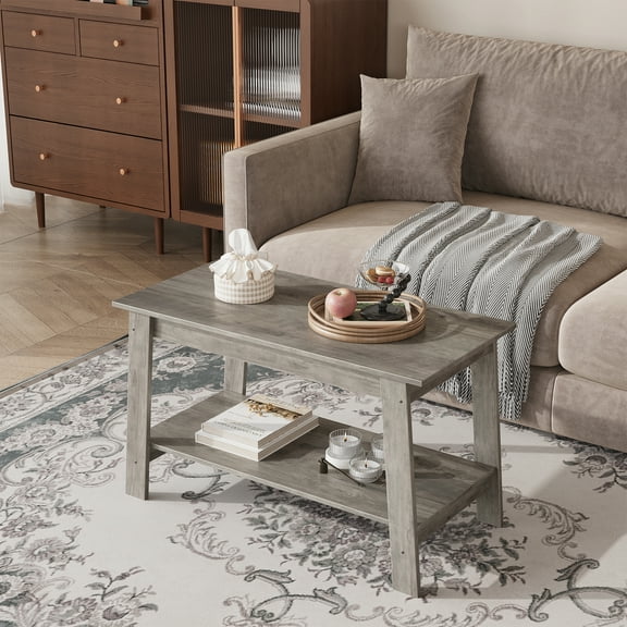 Festisoul 31.5" Coffee Table, Small Living Room Table with Storage Shelf, Rustic Modern Farmhouse Wood Table for Living Room, Bedroom, Gray