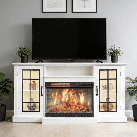 Festisoul 59'' Fireplace TV Stand, Entertainment Center with 24" Fireplace, TV Console Cabinet Electric Fireplace Heater with Frame and LED Light Colors, White
