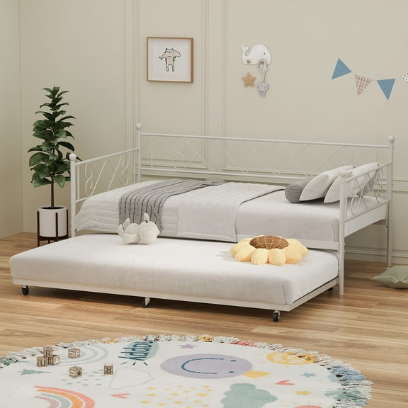 Festisoul Daybed with Trundle Twin Size Metal Daybed Frame Dual-use Platform Sofa Bed for Bedroom, Living Room, White