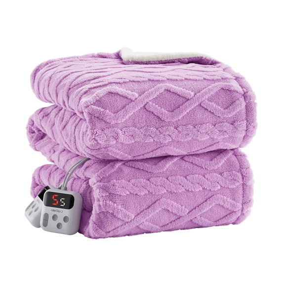 Festisoul Electric Blanket King Size Dual Control, 90''×100'' Thick Tufted Sherpa Heated Blanket with 10 Heating Levels and 10 Time Settings, Machine Washable Fast Heating Blanket, Purple