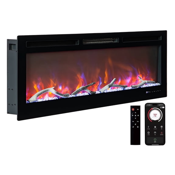 Festisoul Electric Fireplace, 50'' Smart WiFi Fireplace Heater with Alexa and Remote Control, Recessed and Wall Mounted, 13 Adjustable Realistic Flames, 750W/1500W Dual Heat