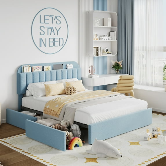 Festisoul Full Size Bed Frame with 2 Drawers, Boucle Upholstered Platform Bed Frame with Bookcase Storage Headboard, No Box Spring Needed, Noise Free, Blue