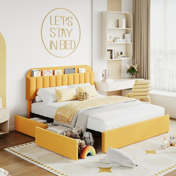 Festisoul Full Size Bed Frame with 2 Drawers, Boucle Upholstered Platform Bed Frame with Bookcase Storage Headboard, No Box Spring Needed, Noise Free, Yellow