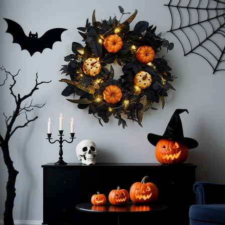 Festisoul Halloween Wreath with Light for Front Door, 18'' Artificial Pumpkins and Maple Leaves Wreath Decoration for Wall Window Fireplace