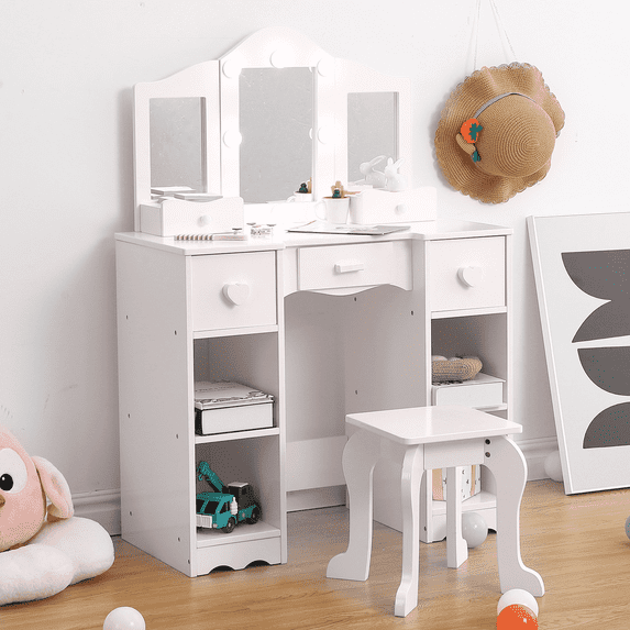 Festisoul Kids Vanity Set with Stool, Wooden Makeup Vanity Desk Children Dressing Table with Lights, Tri-Folding Mirror, Storage Cabinet & Drawers, White