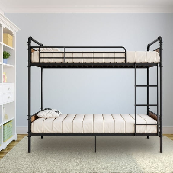 Festisoul Metal Bunk Bed Twin Over Twin Size with Ladder and High Guardrail, Heavy Duty Convertible Twin Bunk Bed Frame with Metal Slats, Black