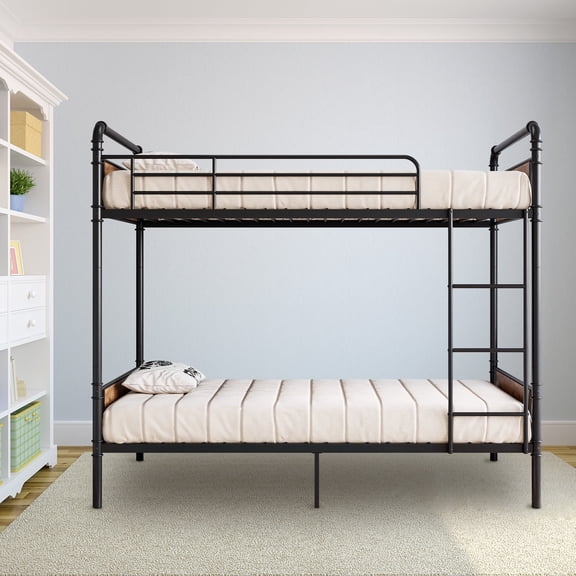 Festisoul Metal Bunk Bed Twin Over Twin Size with Ladder and High Guardrail, Heavy Duty Convertible Twin Bunk Bed Frame with Metal Slats, Black