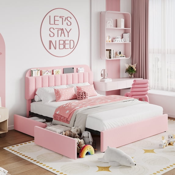 Festisoul Queen Bed Frame with Storage Headboard & 2 Drawers, Boucle Upholstered Platform Bed with Bookcase, No Box Spring Needed, Noise Free, Pink