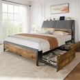 thumbnail image 1 of Festisoul Queen Size Bed Frame, Metal Platform Bed Frame with 4 Storage Drawers Ergonomic Headboard and Charging Station, No Box Spring Needed, Vintage Brown for Bedroom, 1 of 8