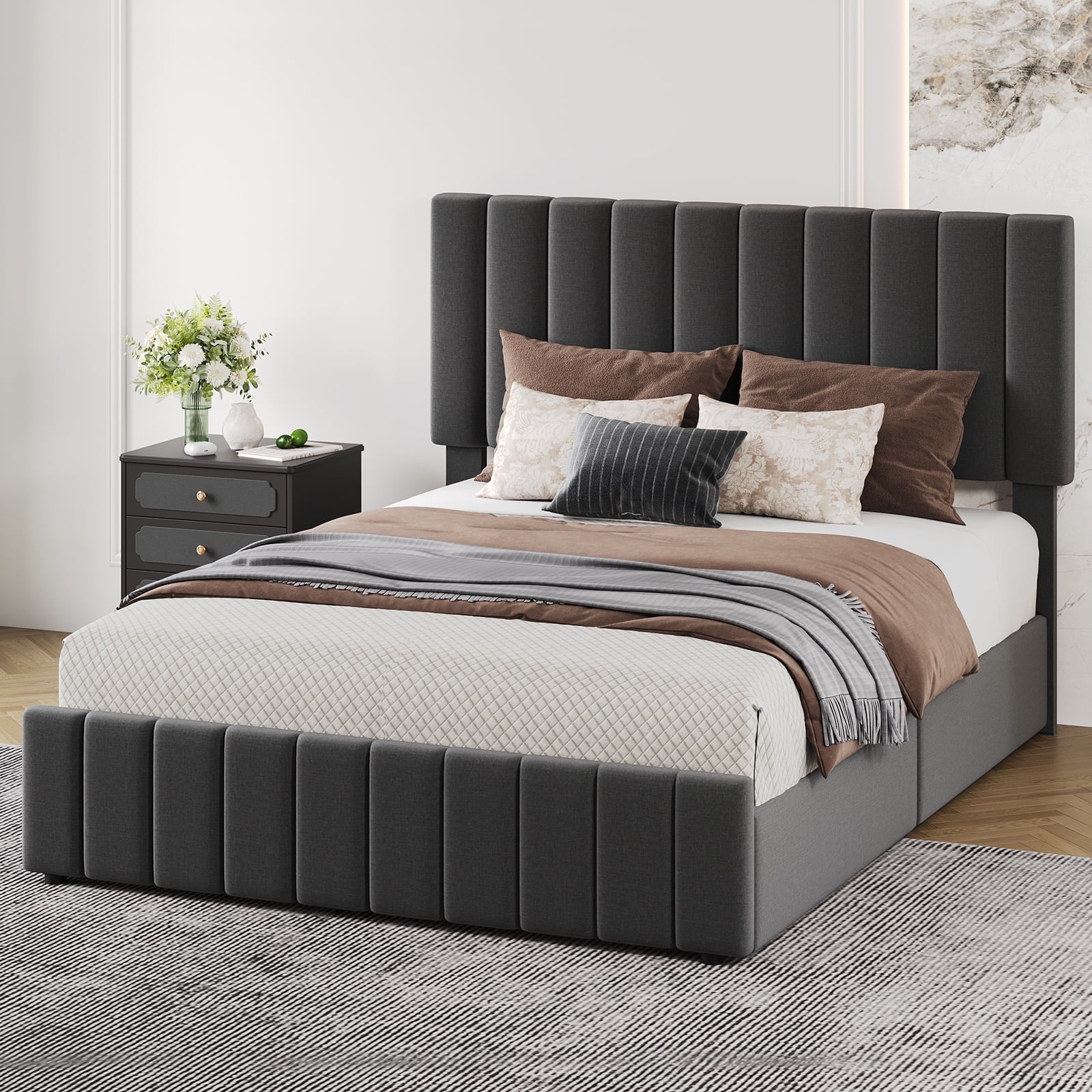 Festisoul Queen Size Bed Frame with 4 Storage Drawers, Linen Upholstered Adjustable Headboard, No Box Spring Needed, Gray