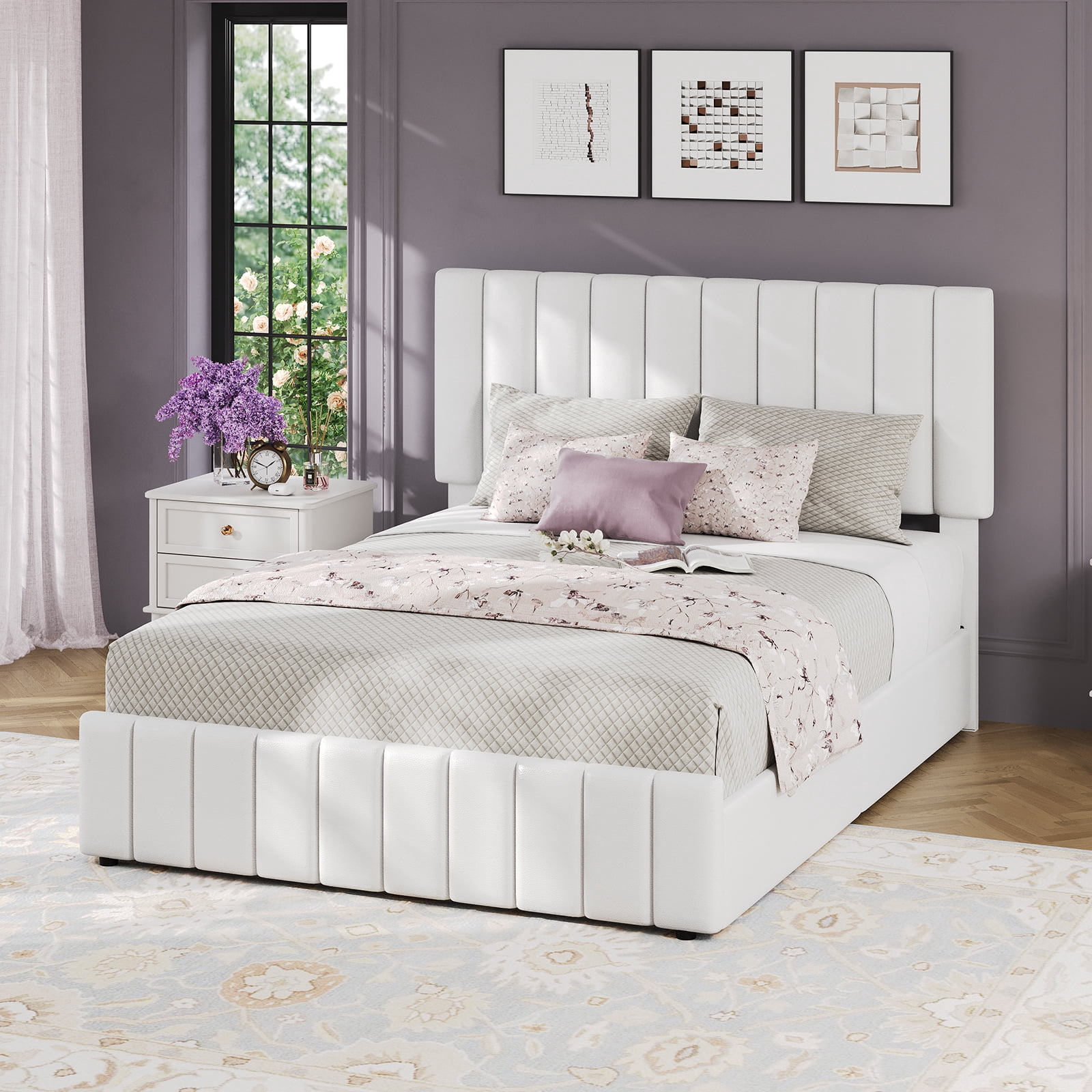 Festisoul Queen Size Bed Frame with 4 Storage Drawers, Linen Upholstered  Adjustable Headboard, No Box Spring Needed, White