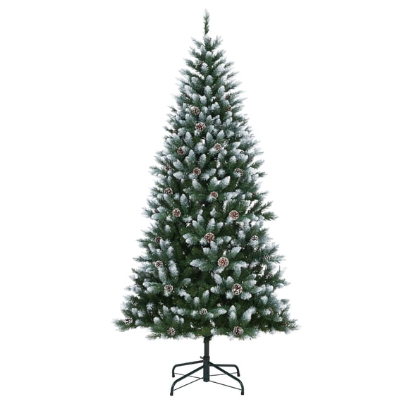 Festisoul Snow Flocked Artificial Christmas Tree, 9ft Christmas Tree with Pinecones, Xmas Trees with Hinged Structure & Foldable Metal Stand, for Holiday Decor