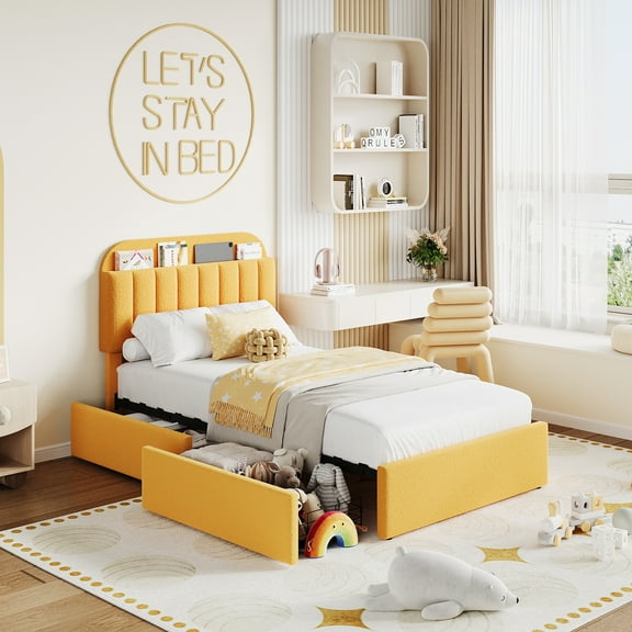 Festisoul Twin Bed Frame with Storage Headboard & 2 Drawers, Boucle Upholstered Platform Bed with Bookcase, Sturdy Wooden Slats Support, No Box Spring Needed, Noise Free, Yellow