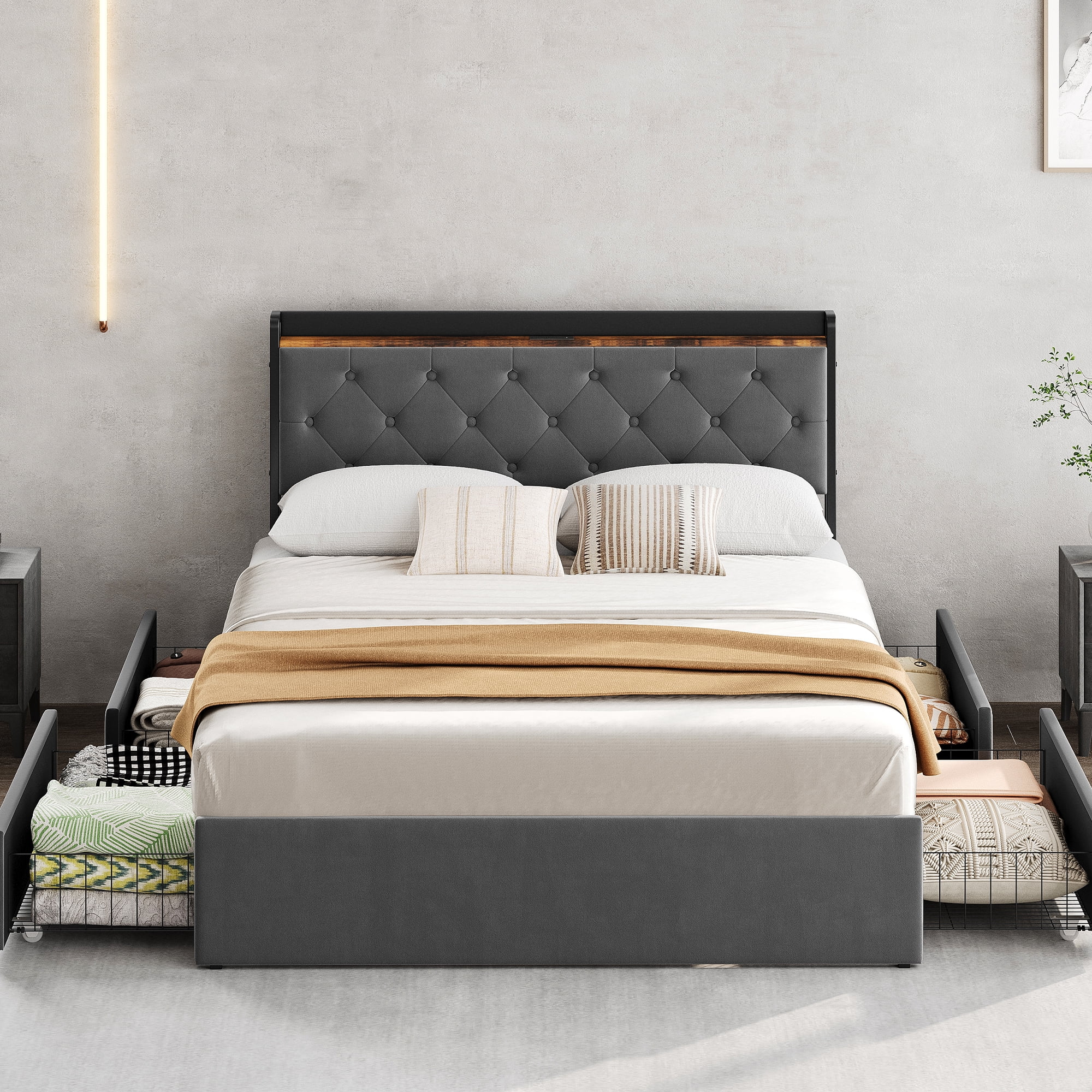 Festisoul Velvet Upholstered Platform Bed Frame with 4 Storage Drawers ...