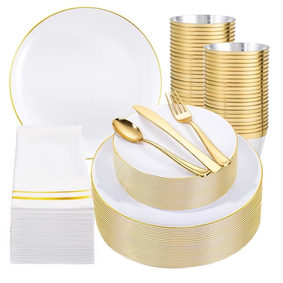 Festiva 350Pcs Gold Plastic Plates - White and Gold Dinnerware Set Disposable include 10" & 7" Plates,Cups,Silverware,Napkins -serve 50 Guests Perfect for Wedding& Easter&Birthday Party Y101