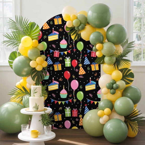 Festival Balloon Arch Backdrop Cover, 4FT, Playful Party Banners Birthday Cupcakes Black Background Spandex Arch Covers Double-Sided Backdrop for Wedding Birthday Party Photo Background Decoration