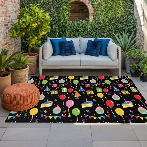 Festival Balloon Indoor Outdoor Rugs 3x5 Ft, Playful Party Banners Birthday Cupcakes Black Background Outdoor Patio Rugs Mat Washable Outside Area Rugs Carpet for Porch Deck RV Balcony Backyard