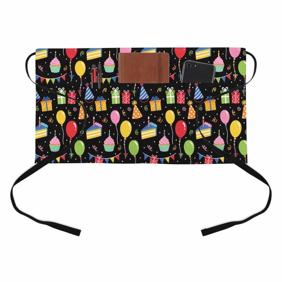 Festival Balloon Kitchen Restaurant Half Waist Apron, Playful Party Banners Birthday Cupcakes Black Background Server Short Apron with 3 Pockets Waterproof Oil Waist Aprons for Women Waitress Waiter