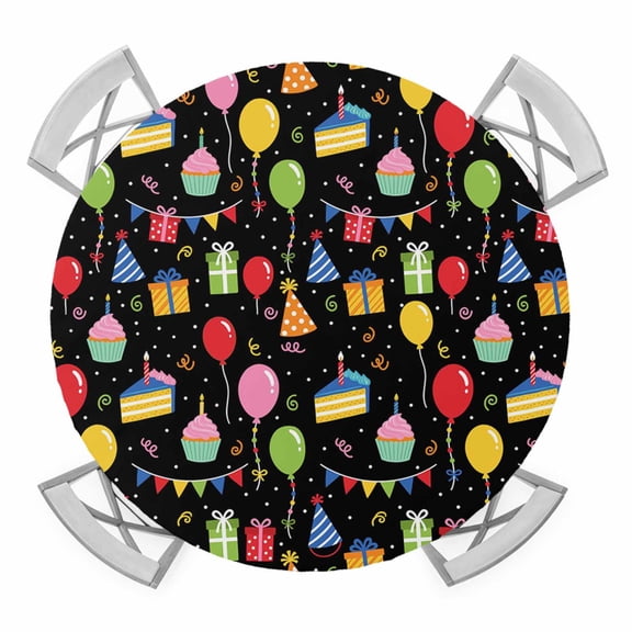Festival Balloon Round Table Cover, Playful Party Banners Birthday Cupcakes Black Background Waterproof Fitted Tablecloths for 36"-44" Tables, Washable Picnic Table Cover for Dining Indoor Outdoor