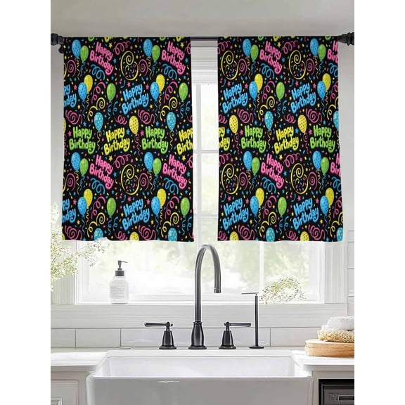 Festival Balloon Sheer Curtains 45 inches Long, Happy Birthday Blue Green Yellow Balloon Balck Light Filtering Sheer Window Curtains Rod Pocket Voile Drapes for Bedroom Living Room, 2 Panels