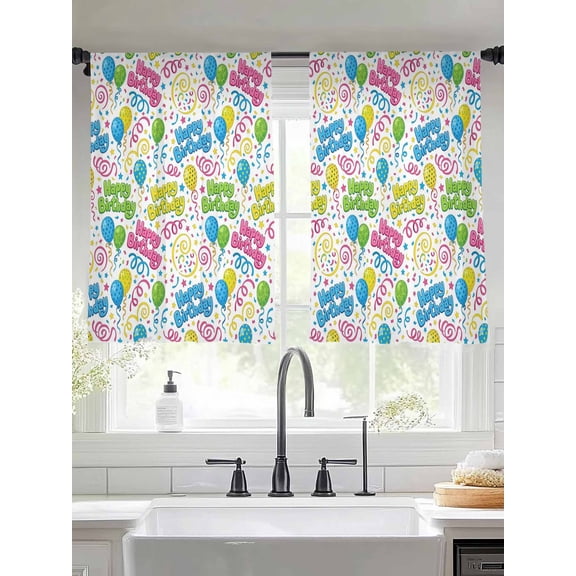 Festival Balloon Sheer Curtains 45 inches Long, Happy Birthday Blue Green Yellow Balloon Light Filtering Sheer Window Curtains Rod Pocket Voile Drapes for Bedroom Living Room, 2 Panels