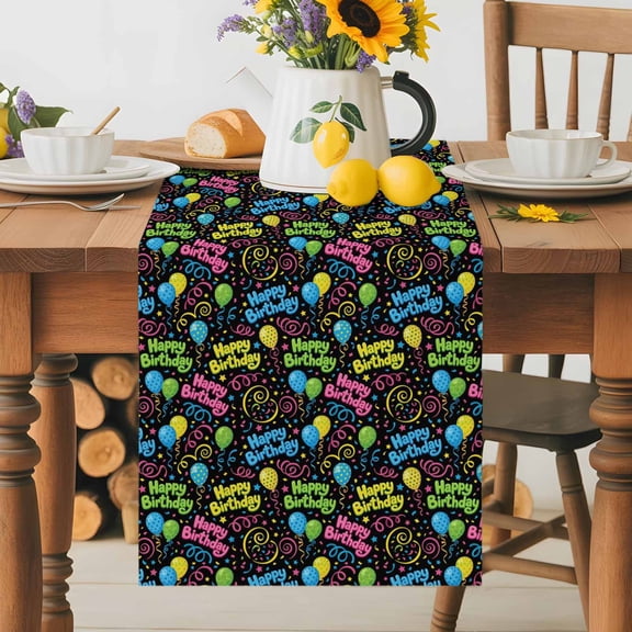 Festival Balloon Table Runner 13x48 Inch Happy Birthday Blue Green Yellow Balloon Balck Cotton Linen Dining Table Runner Ideal for Dresser Kitchen Coffee Tables - Machine Washable