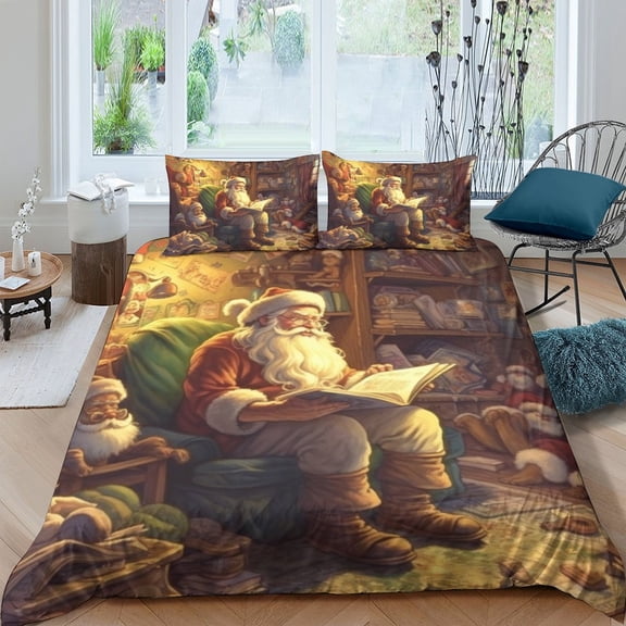 Festival Bedding Set Reading Santa Claus Puppy Printed Duvet Cover Set Kids Adult Christmas Bed Gift,California King (98"x104")