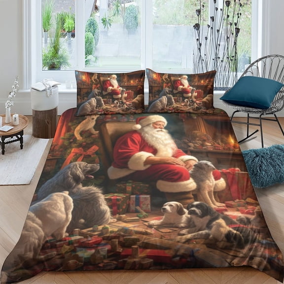 Festival Bedding Set Reading Santa Claus Puppy Printed Duvet Cover Set Kids Adult Christmas Bed Gift,California King (98"x104")