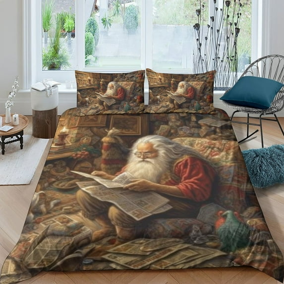 Festival Bedding Set Reading Santa Claus Puppy Printed Duvet Cover Set Kids Adult Christmas Bed Gift,King (90"x104")