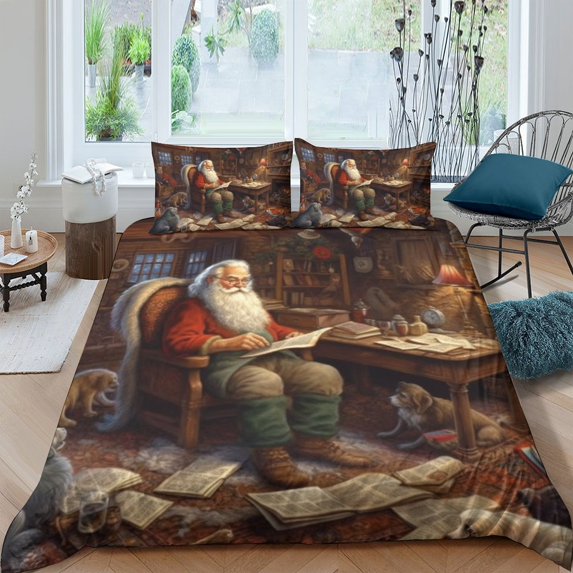 Festival Bedding Set Reading Santa Claus Puppy Printed Duvet Cover Set Kids Adult Christmas Bed Gift,Queen (90"x90")