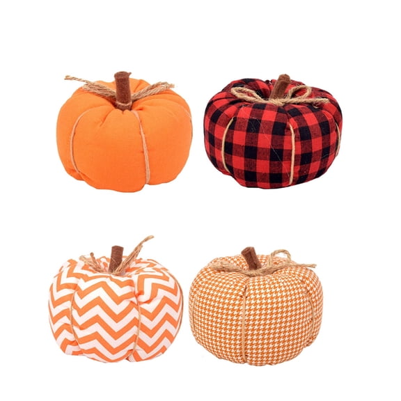 Festival Fall Decors 4.5" Miniature Fabric Checkered Pumpkins Ornaments Set of 4 Faux Pumpkins Farmhouses Decoration