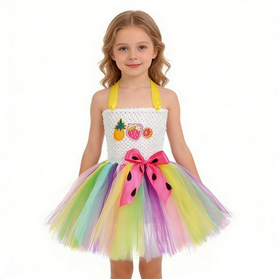Festival Girls Dress Fruit Print Halter Neck Sleeveless Tutu Above Knee ...