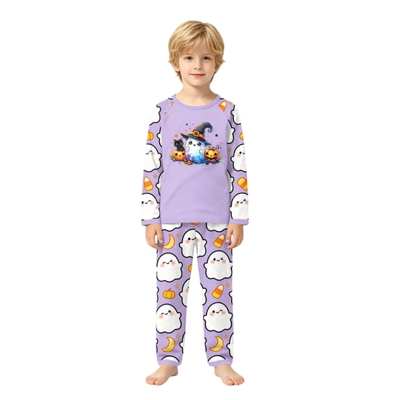 Festival Halloween Family Matching Pajamas Set Ghost Pumpkin Print Long Sleeve Top and Pants Holiday Loungewear for All Age