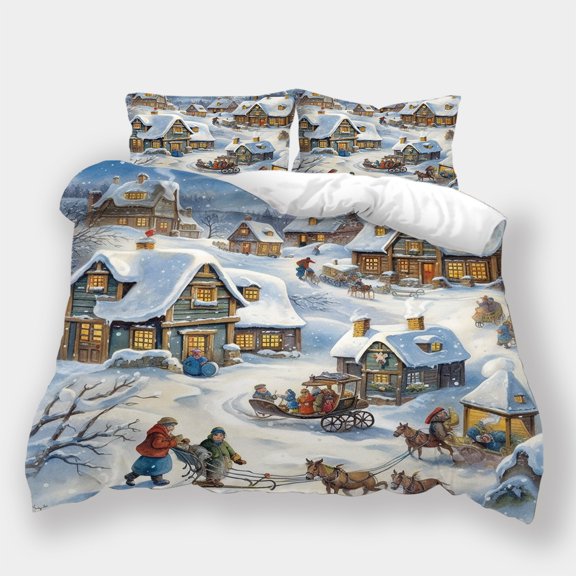 Festival Highend 2/3pcs Bedding Suit Xmas Small Town Pattern Microfiber Home Bed Clothes Suitable for Bedroom and Room Decoration