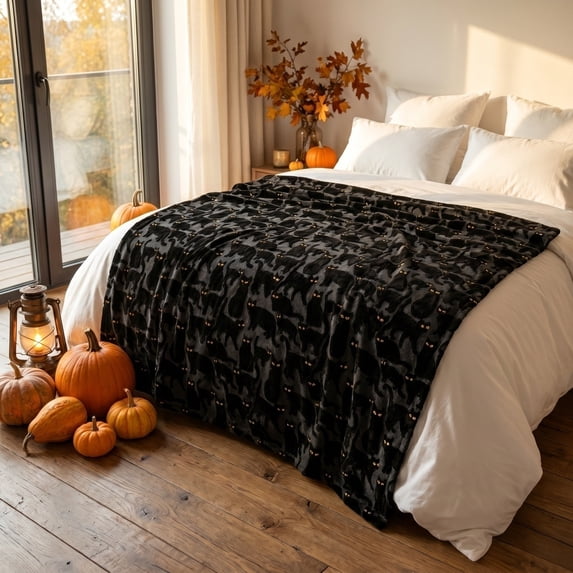 Faux Fur Throw Embroidered Halloween Decorative Blanket with Cat Motif Cozy Warm Plush Bedding for Couch Sofa Living Room Home Decor, 60x70 Inch