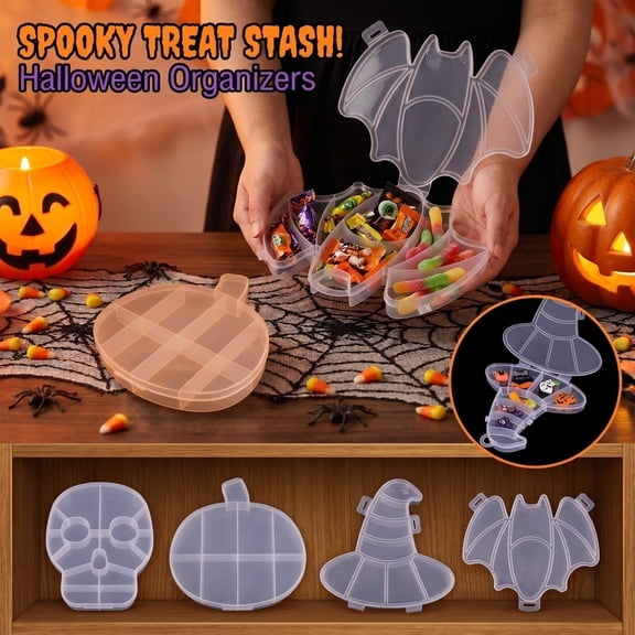 Halloween Candy Storage Box Plastic Treat Container with Cartoon Face Print for Party Favors Gift Packing Desktop Organizer