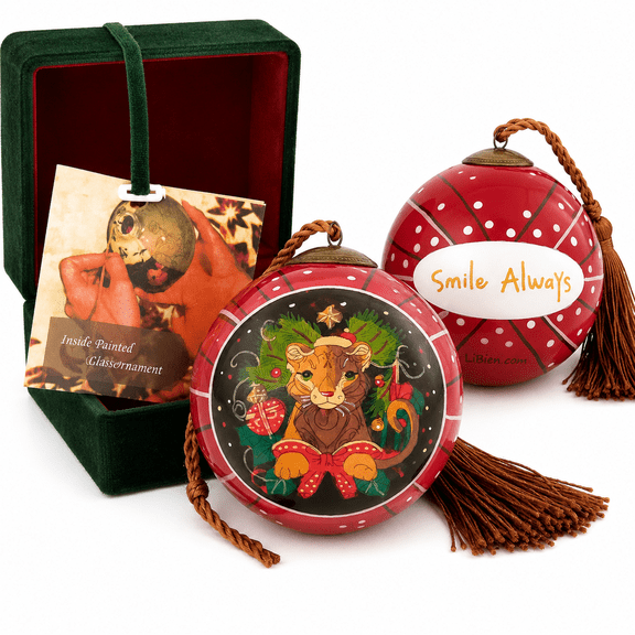 Festival Lion Red - Inside Painted Glass Ornament with Premium Gift Box Handmade for Home and Office Perfect for Halloween, Thanksgiving