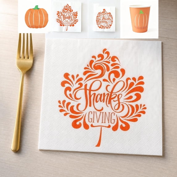 Festival Pumpkin Themed Disposable Plate and Cup Set Thanksgiving Typography Paper Tableware Napkins Kit for Holiday Family Reunion, 6.69" x 6.69", AKLJWH