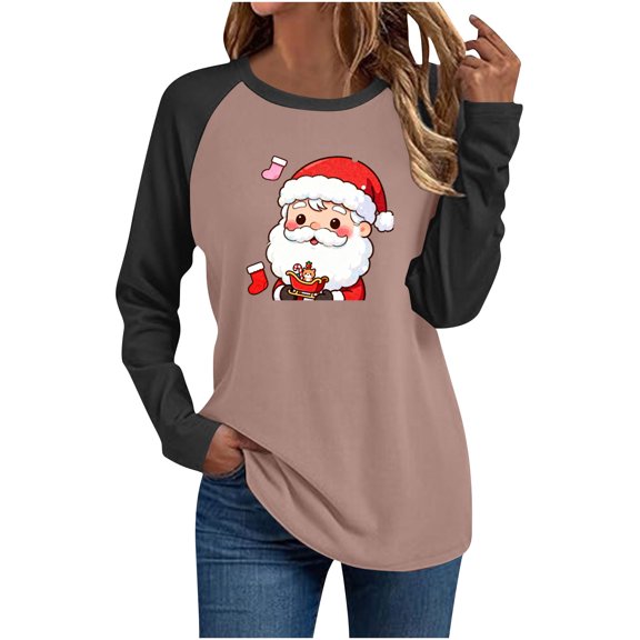 Festival Saving Christmas Shirt for Women Black Raglan Sleeve T-Shirt with Festive Santa Print Long Sleeve Crewneck Top for Casual Christmas Wear My Items