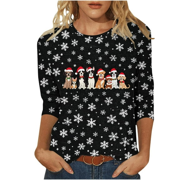Christmas Shirt for Women Christmas 3/4 Sleeve Round Neck Pullover Tees Tshirts Fall Tops Fall Fashion Must Haves My Items