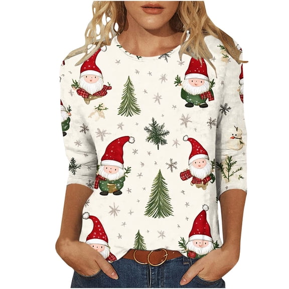 Christmas Shirt for Women Cute Christmas 3/4 Sleeve Round Neck Pullover Tees Tshirts Fall Tops Fall Fashion Must Haves My Items