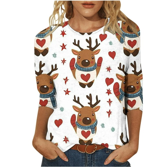Christmas Shirt for Women Reindeer Fall Top 3/4 Sleeve Round Neck Tees Tshirts for Christmas Gatherings Fall Clothes My Items