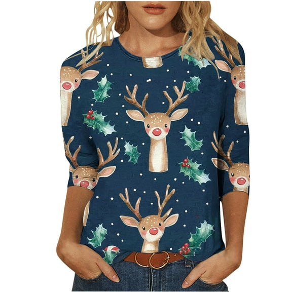 Festival Saving Christmas Shirts for Women 3/4 Sleeve Christmas Reindeer Print 3/4 Sleeve Round Neck Tees Fall Tops Fall Clothes My Items