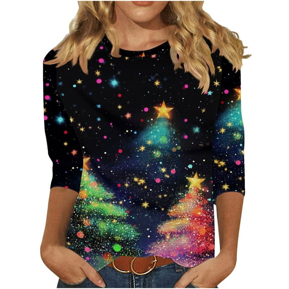 Christmas Shirts for Women 3/4 Sleeve Fall Festive Christmas Tree Tees 3/4 Sleeve Round Neck Tops Tshirts Fall Clothes My Items