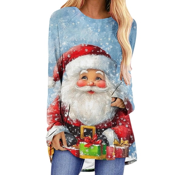 Christmas Shirts for Women Christmas Party Blouse Long Sleeve Shirt with Santa Print Crew Neck Tunic Holiday Tees Tops My Items
