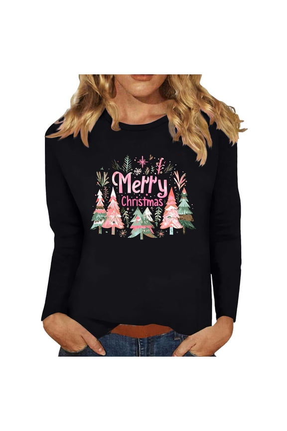 Festival Saving Christmas Shirts for Women Christmas Tree Print Long Sleeve Round Neck Blouse Festive Casual Shirt Tops Tees Fall Clothes My Items