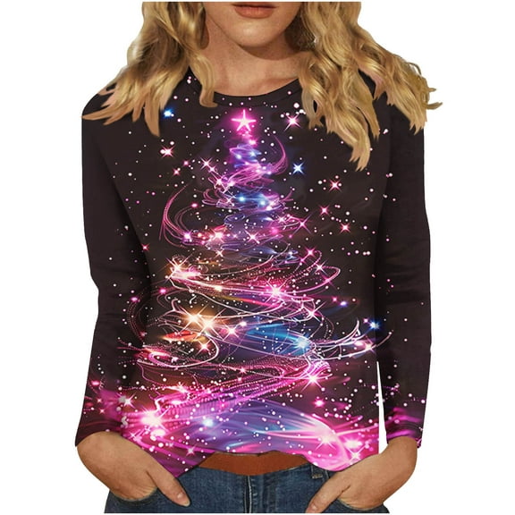 Festival Saving Christmas Shirts for Women Christmas Tree Print Long Sleeve Round Neck Blouse Holiday Casual Shirt Tops Tees My Items