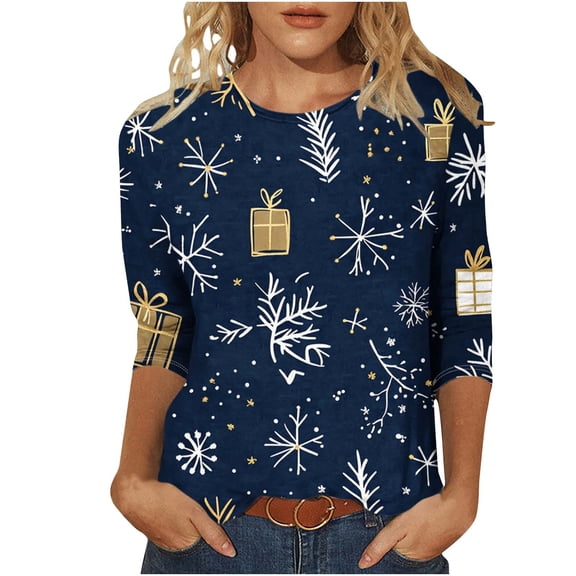 Festival Saving Christmas Shirts for Women Funny Holiday Print 3/4 Sleeve Round Neck Tees Tshirts Fall Top for Xmas Party Fall Clothes My Items