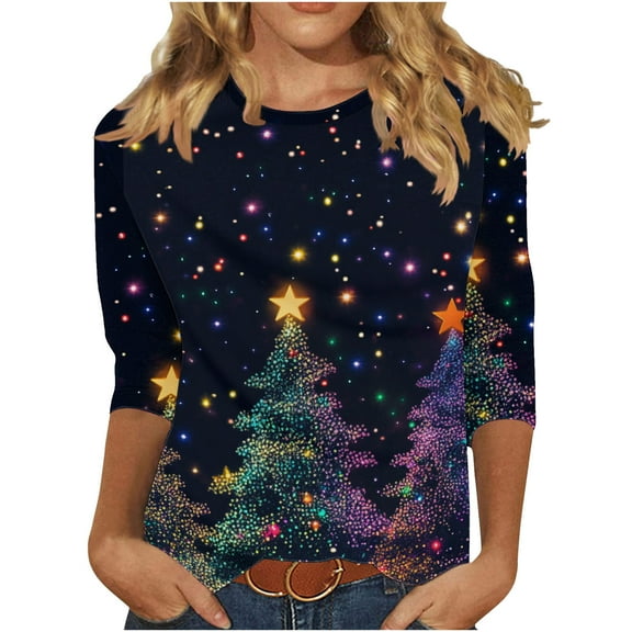 Festival Saving Christmas Shirts for Women Round Neck 3/4 Sleeve Christmas Tree Fall Fashion Tees Tops Tshirts Fall Fashion Must Haves My Items